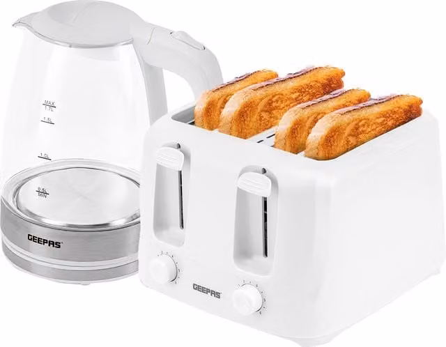 Geepas Kettle and Toaster Set with 1.7L Illuminating Glass Kettle and 4 Slice Toaster in White – 1