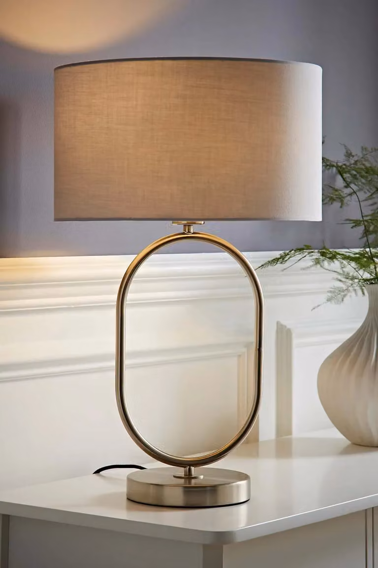 ValueLights Antonia Oval Table Lamp with Grey Fabric Drum Shade and LED Bulb in Brushed Chrome