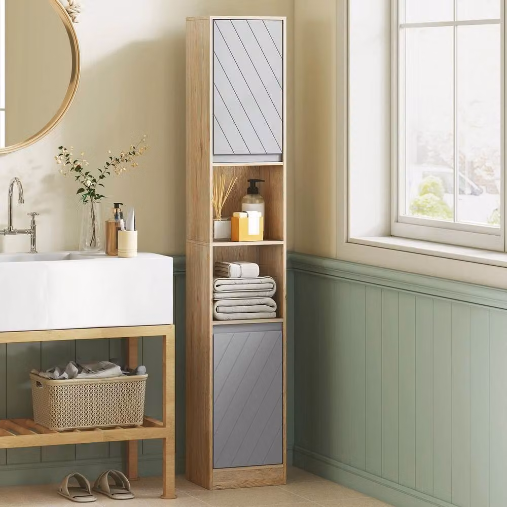 FORGEVIO Oak Narrow Grey Bathroom Storage Cabinet with Open Compartment and Internal Shelves – 3