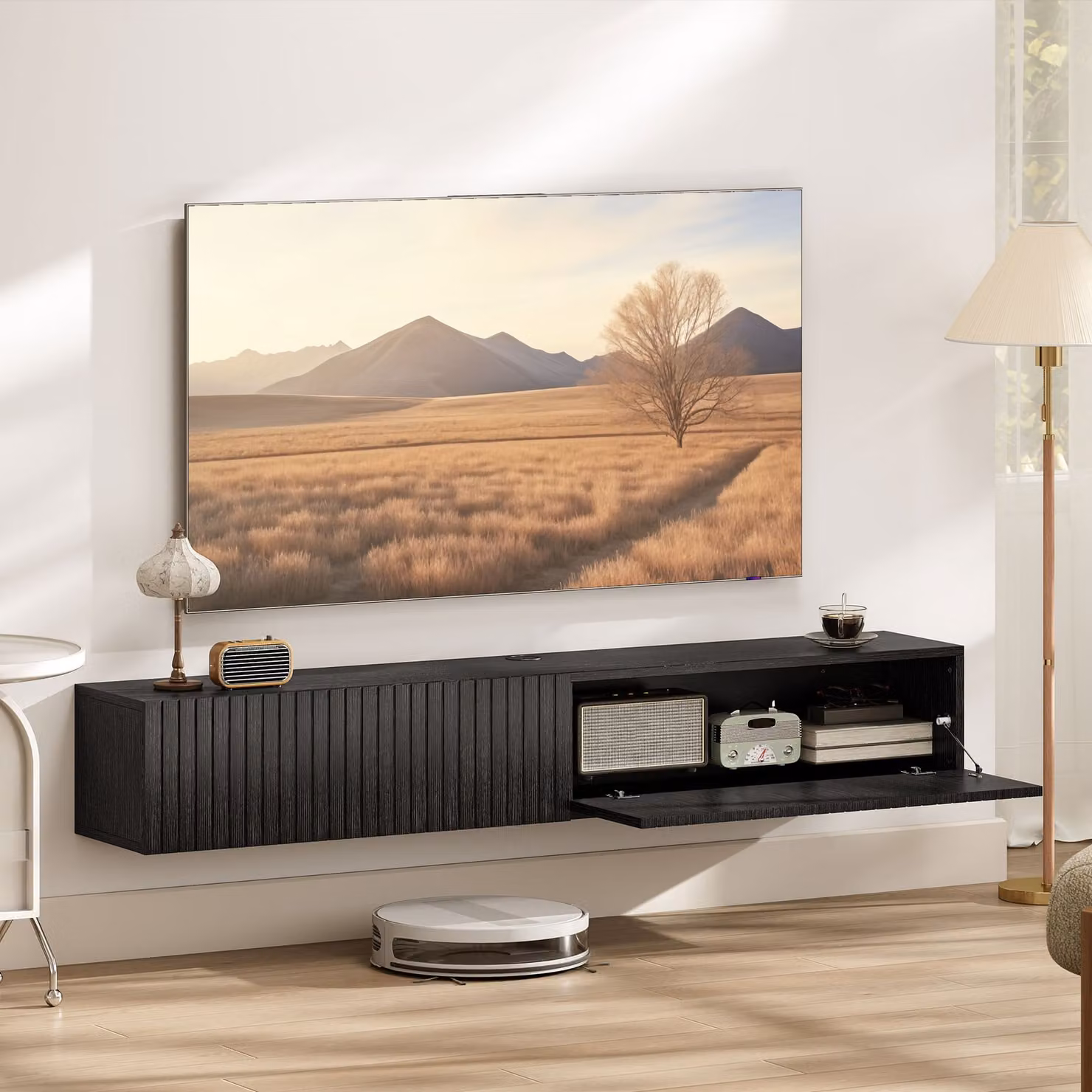 HOMCOM Modern Black Matt Floating TV Stand, Wall Mount TV Unit with Cable Management, Fits up to 72 inch TVs, Width: 140 cm – 1