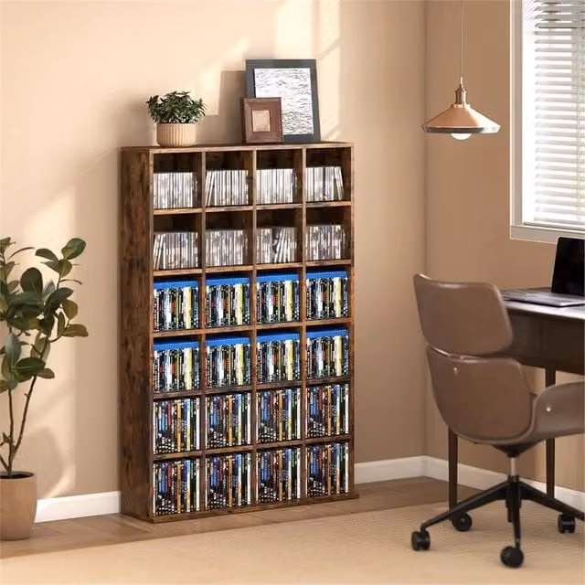 VOGREX Rustic Brown Wood Media Storage Rack with Adjustable Shelves and Back Panel