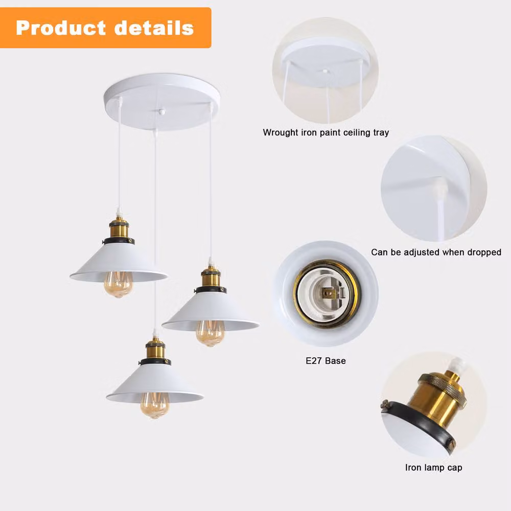 Pheashine White Industrial Metal Pendant Light with 22 cm Round Shade, E27, Bulb Not Included – 2