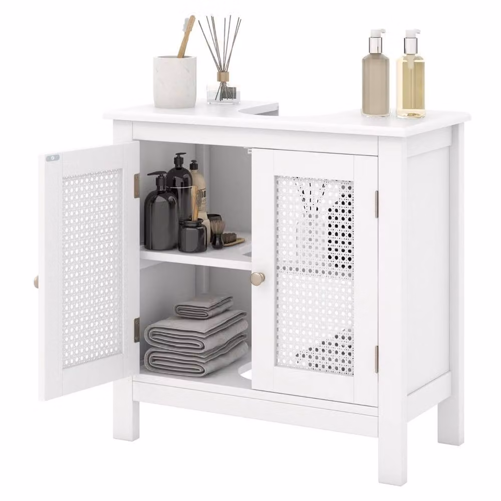 Costway White Pedestal Sink Storage Cabinet with 2 Rattan Hinged Doors and Internal Shelves – 2