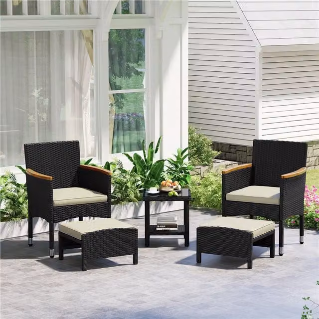 Yaheetech 5-Piece Rustic Rattan Patio Conversation Set with Glass Table in Black