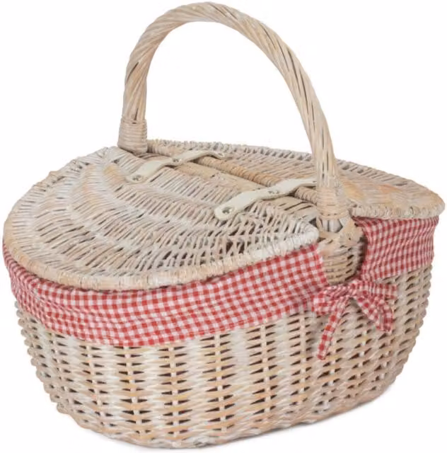 Red Hamper Wicker Oval Picnic Basket with White Wash Finish and Red Lining