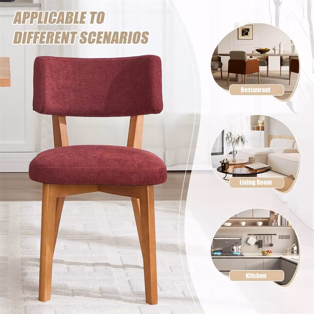 Direct Wicker Set of 2 Mid-Century Linen Dining Chairs with Solid Wood Frame in Wine Red – 5