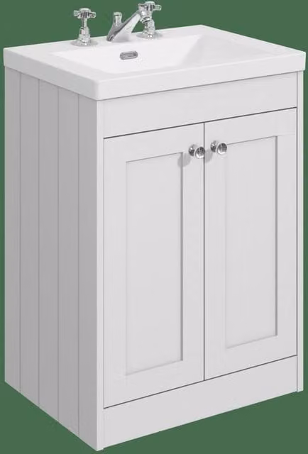 Balterley 600mm White Floor Standing 2 Door Minimalist Bathroom Unit with 3 Tap Hole Basin and Soft Close Doors – 1