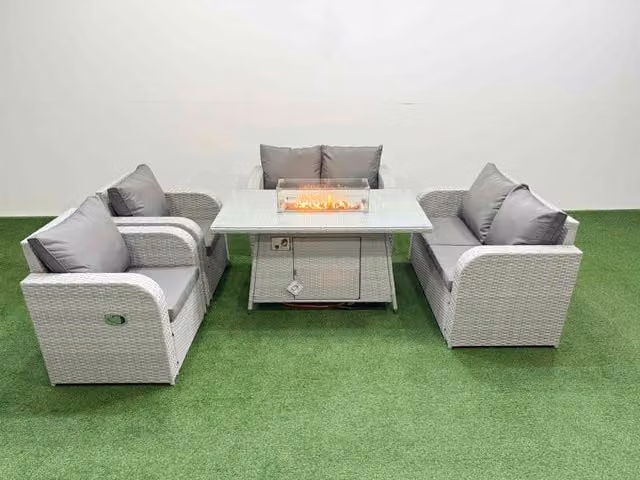 Fimous 6 Seater Rattan Garden Furniture Set with Reclining Love Sofa and Firepit Dining Table in Light Grey