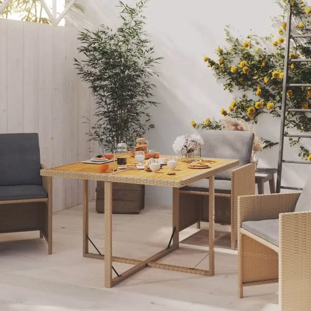 Berkfield Home Garden Table in Beige Poly Rattan and Acacia Wood, W/D/H: 109 x 107 x 74 cm – 2