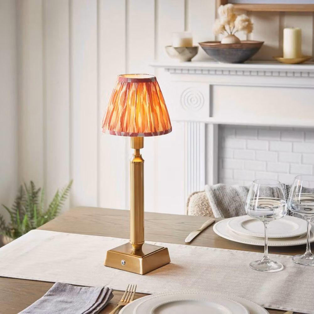 Netlighting Trobridge Rechargeable LED Table Lamp with Pink Multicolour Fabric Ikat Shade and Brass Base – 2