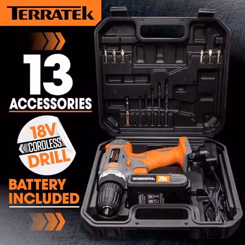 Terratek 18V Cordless Drill and Screwdriver Set with 13pc Kit, Rechargeable Battery and Case in Grey and Orange – 6
