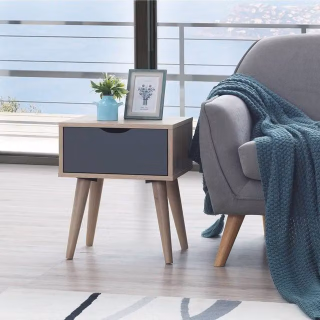 Timber Art Design Alford Scandinavian Bedside Lamp Side Table with 1 Drawer in Light Oak and Grey, W/D/H: 36.0 x 40.0 x 49.6 cm