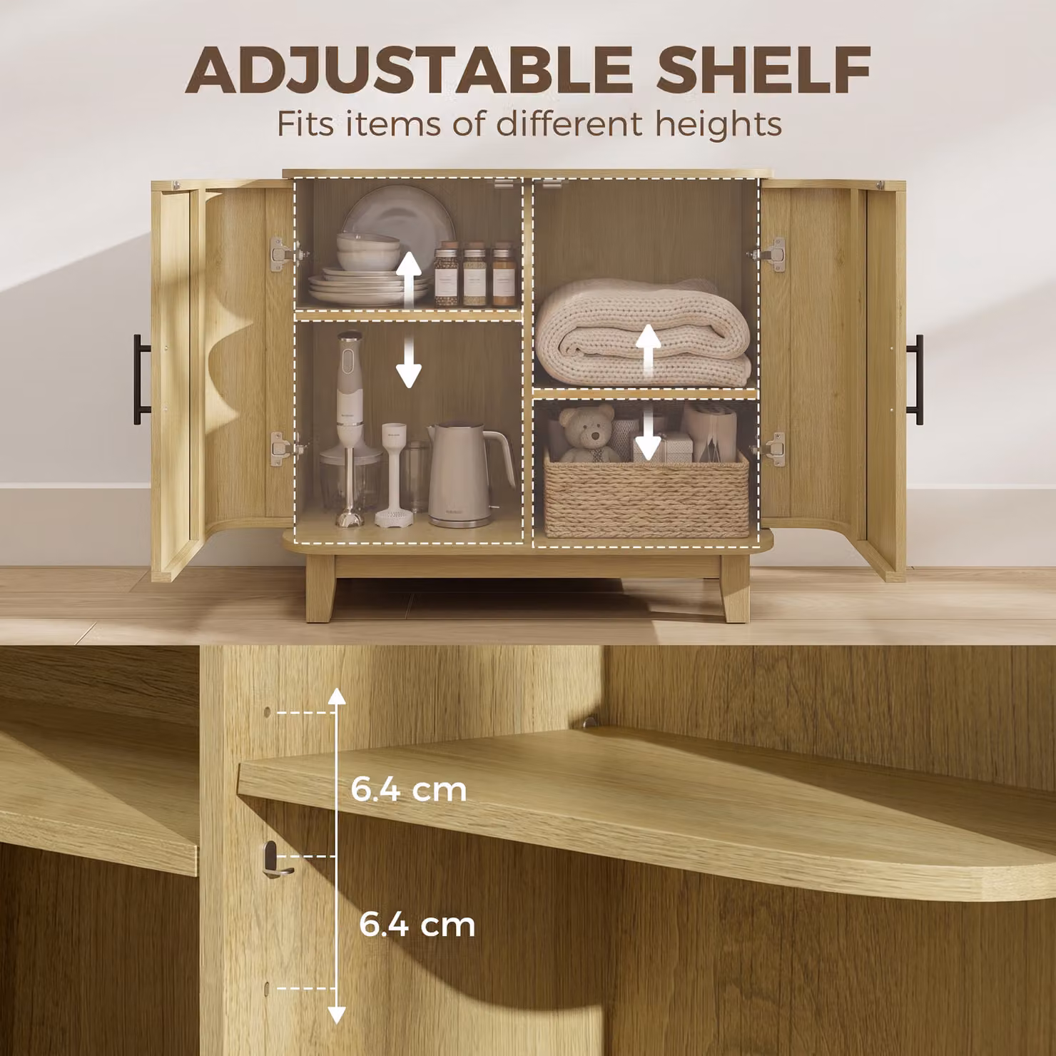 HOMCOM Oak Sideboard Buffet Cabinet with 2 Curved Doors and Adjustable Shelf for Dining Room or Living Room, W: 80 cm, H: 72.5 cm, D: 40 cm – 2