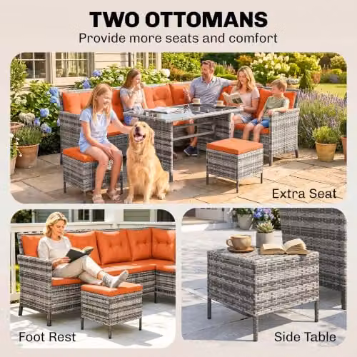 Outsunny 6-Piece L-Shape Polyrattan Garden Furniture Set with Orange Cushions and Coffee Table for 8 Adults – 5