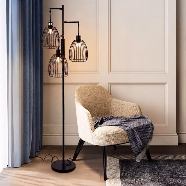 Livingandhome Contemporary Industrial Three-Head Metal Floor Lamp with Irregular Organic Shades in Black