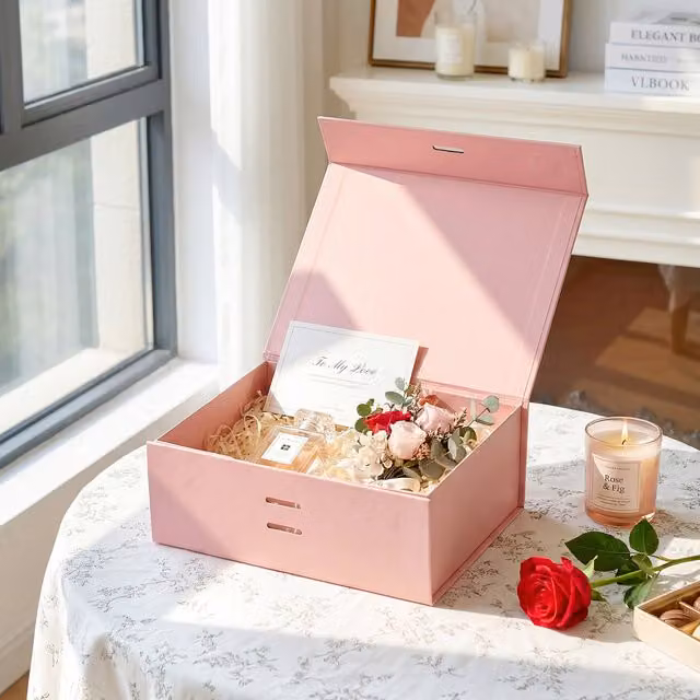 Livingandhome Set of 6 Pink Magnetic Foldable Paper Gift Boxes with Ribbons