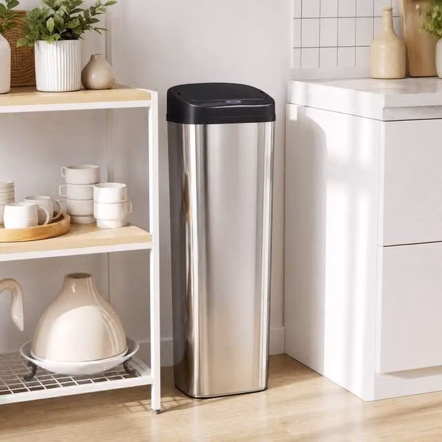 STILVORA 50L Sensor Bin with Bag-Fixing Ring in Silver Stainless Steel