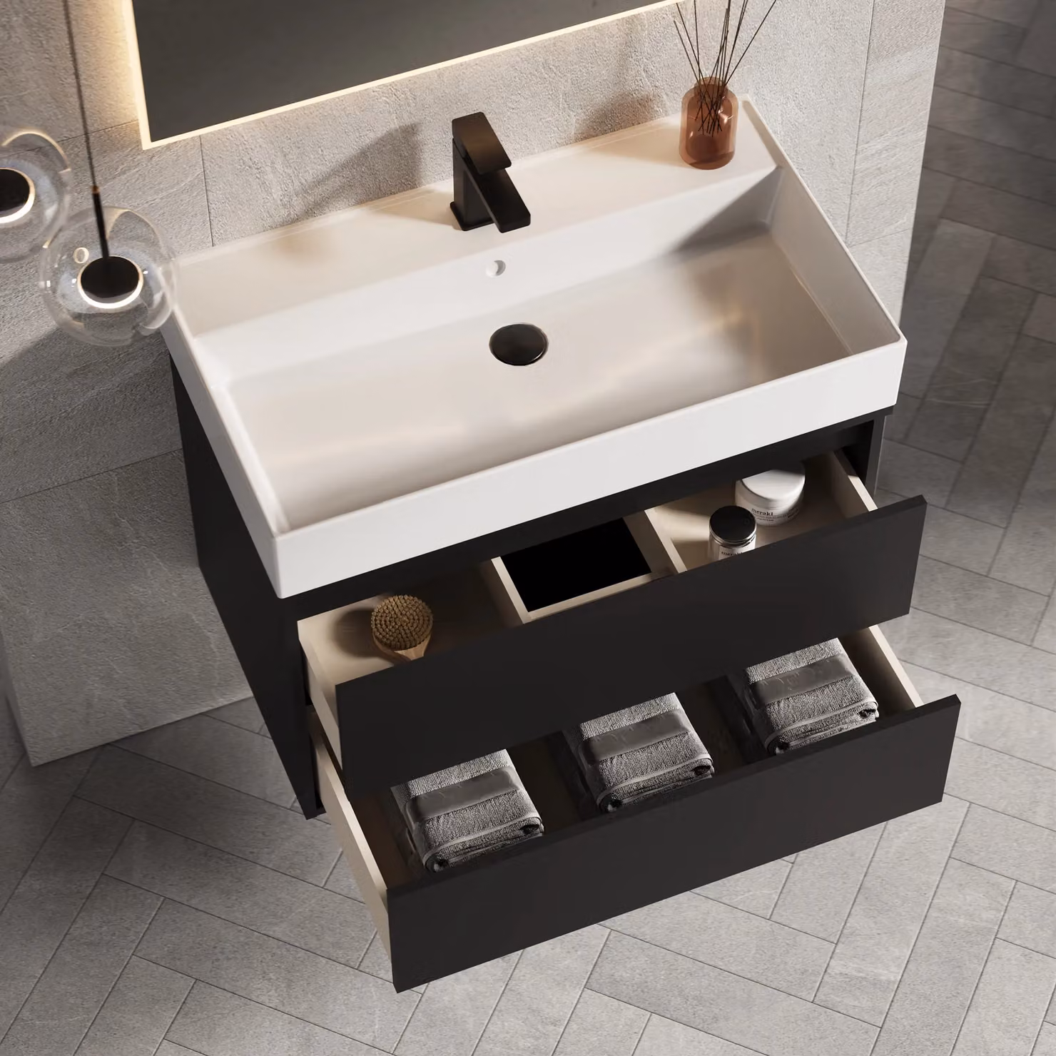 Banyetti Venti 800mm Wall Hung Vanity with Veneto 1 Tap Hole Basin, Matt Black – 3
