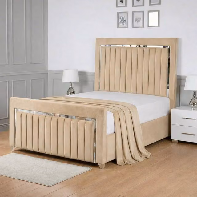 Living Comfort Bedz Chrome Edge Ottoman Gas Lift Storage Bed in Beige, Double, W/D/H: 140 x 200 cm
