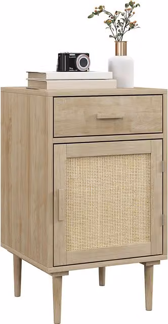 HOMCOM Boho Rattan Bedside Table with Drawer, Cabinet and Adjustable Shelf in Beige