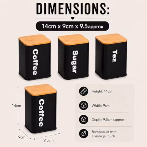 Almineez Set of 3 Black Stainless Steel Tea Coffee Sugar Canisters with Airtight Bamboo Lids – 3