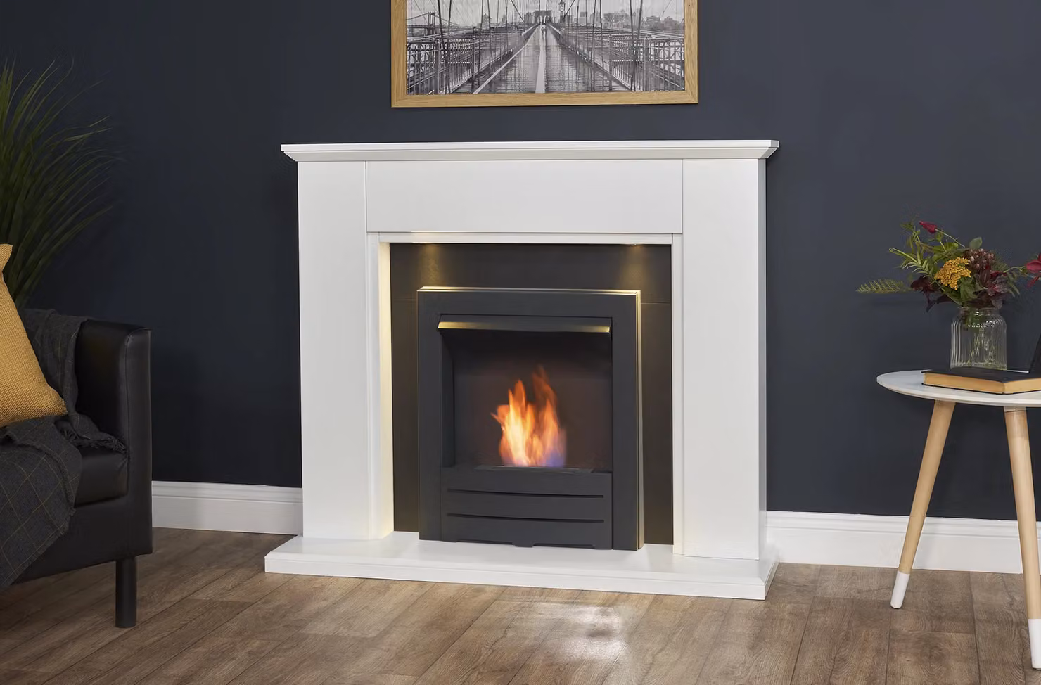 Adam Fires & Fireplaces Eltham Fireplace in Pure White and Black with Downlights and Colorado Bio Ethanol in Black, 45 Inch, Grey – 2