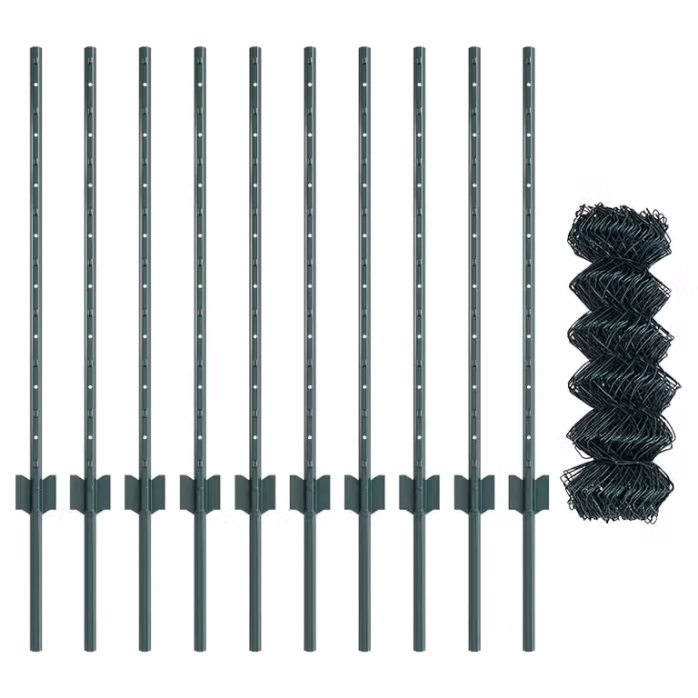 Berkfield Home Green Steel Chain Link Fence with 10 U-Profile In-Ground Posts, W: 10 m, H: 0.8 m