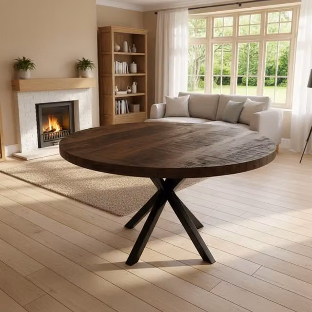 TRL Handmade Furniture Rustic Round Oak Dining Table in Brown, Diameter: 120 cm