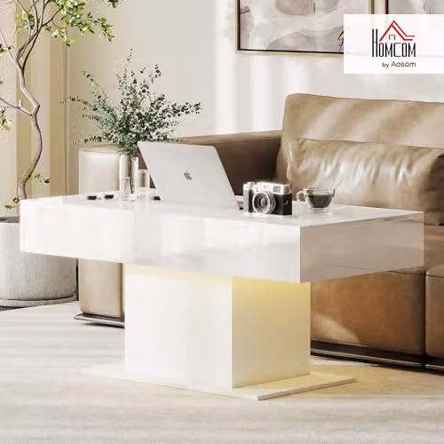 HOMCOM Extendable Modern High Gloss White Coffee Table with LED Lights – 2