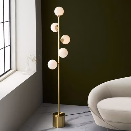 Merano Grosseto Multi Arm Floor Lamp in Satin Brass and Gloss White Glass, H151.5 x D31 cm – 2
