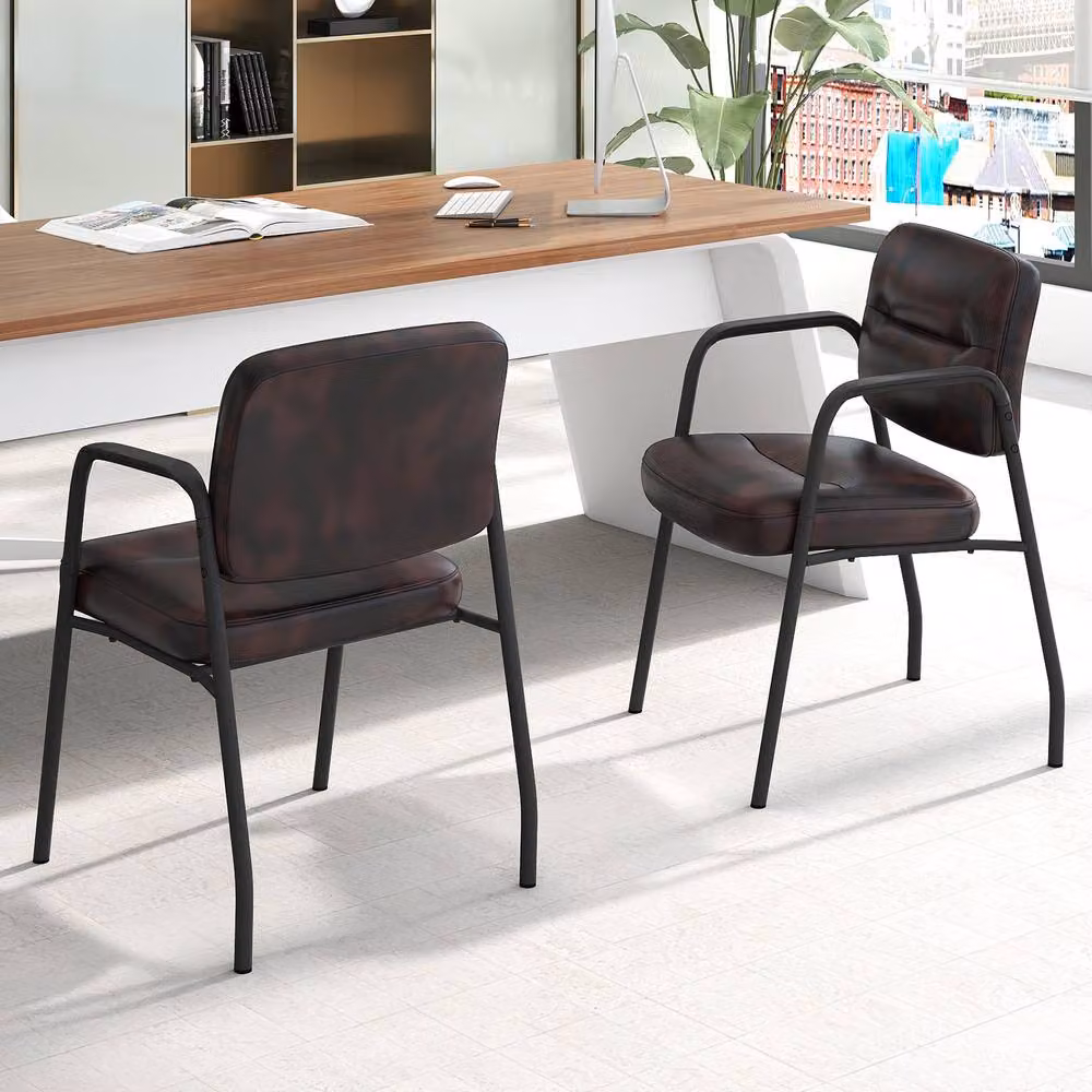 Costway Set of 2 Brown Upholstered PU Leather Waiting Room and Conference Chairs with Armrests – 3