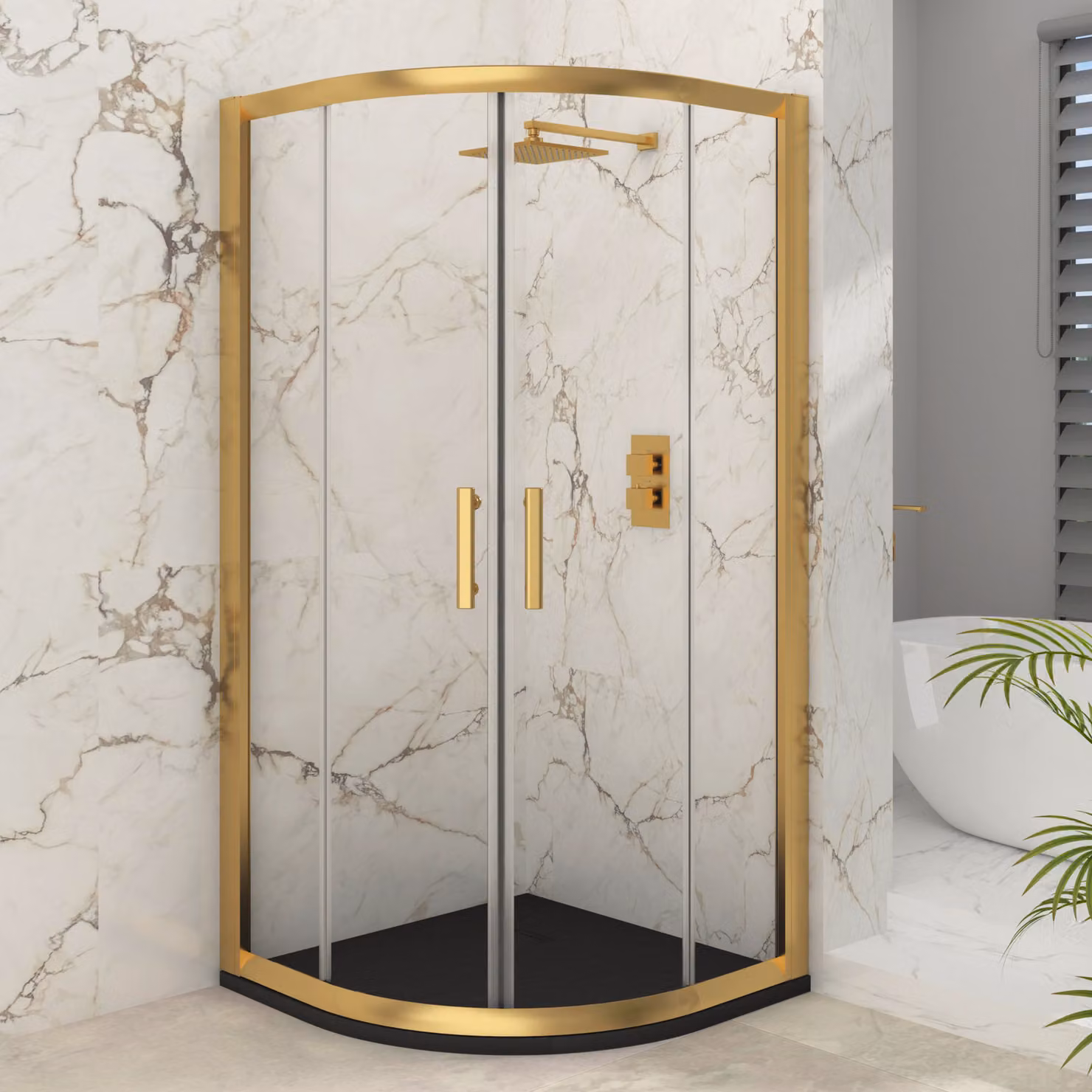 Royal Bathrooms Venice Quadrant Shower Enclosure with Black Stone Mineral Cast Tray, Brushed Brass and Black, W/D: 90 x 90 cm, 6mm Double Sliding Door