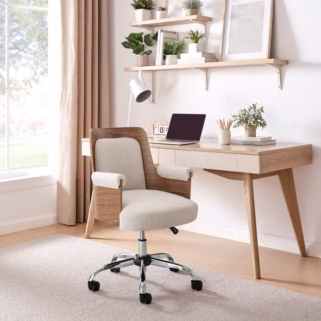 Hoomz Mid-Century Swivel Task Chair in Beige Fabric with Walnut Wood Frame