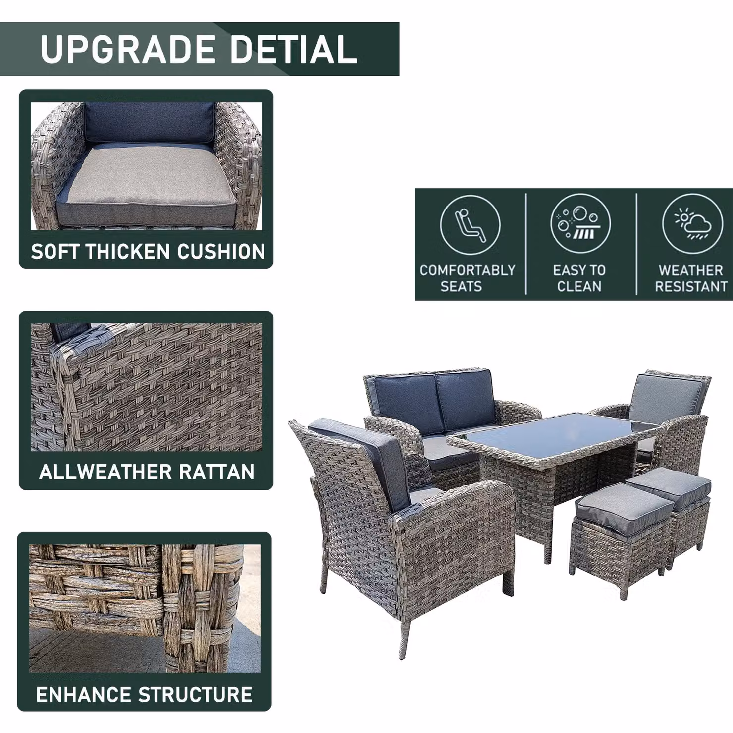 FURNITURE ONE 6 Seater Grey Rattan Garden Furniture Set with Dining Table and Stools – 2