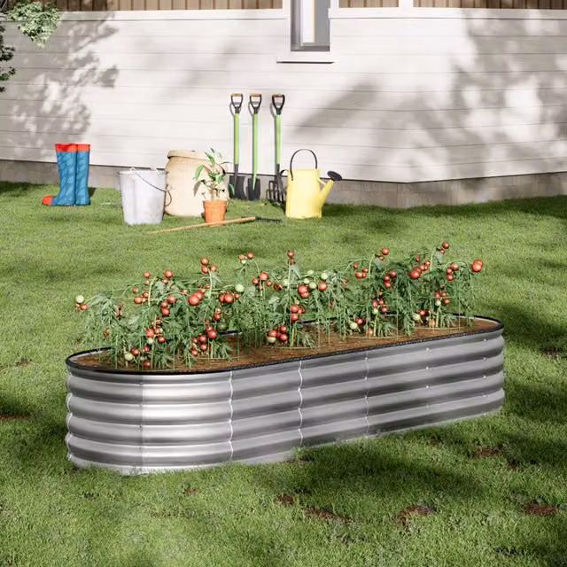 Breeins Oval Galvanised Steel Raised Garden Bed, Silver, W: 240 cm, H: 42 cm, D: 42 cm