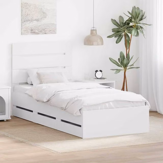 Berkfield Home Modern Bed Frame with Drawers in White, W/D/H: 100 x 200 cm, Engineered Wood
