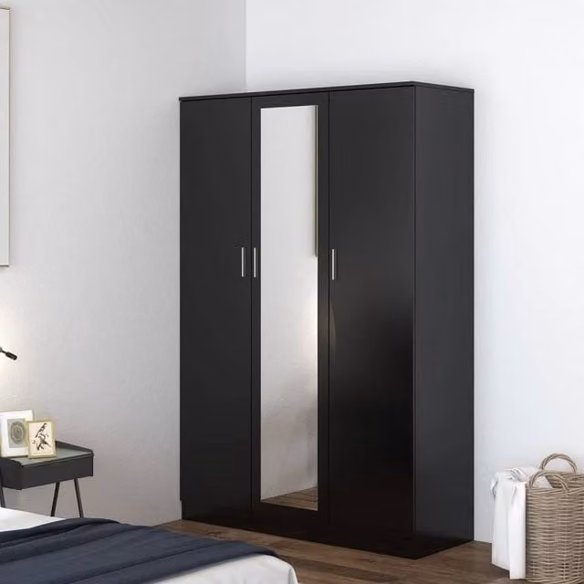 FORGEVIO Modern 3 Door Wardrobe in Black and Silver with Hanging Rail and Trouser Rack, H 180 cm x W 115.4 cm x D 50 cm