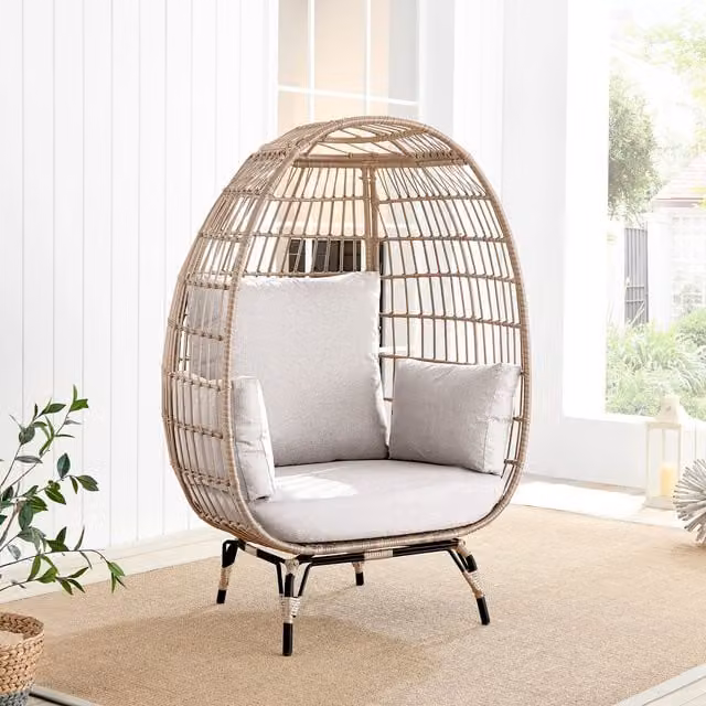 FurnitureboxUK Beige Rattan Egg Garden Chair with Metal Frame