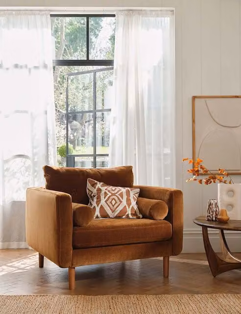 Barker and Stonehouse Moore Mid-Century Brown Velvet and Fabric Snuggle Chair with Armrests