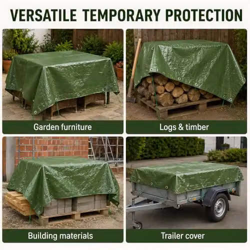SolaDirect Heavy-Duty Waterproof Green Tarpaulin with 10m Elastic Tie Rope, 1.5 x 2m – 4