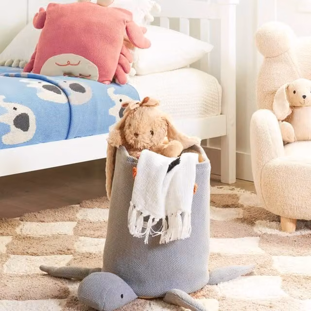 Wyld and Coco Grey Cotton Turtle Knit Open Weave Toy Storage Basket for Children W/D/H: 40 x 35 cm – 1