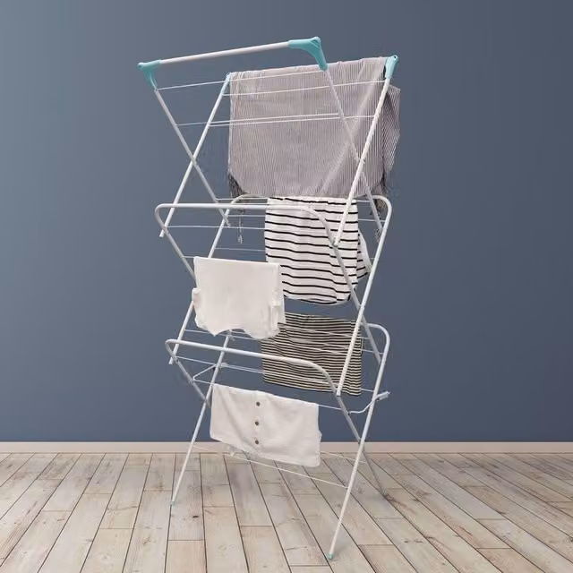 JVL 3 Tier Concertina Folding Clothes Airer with 14m Drying Line in White