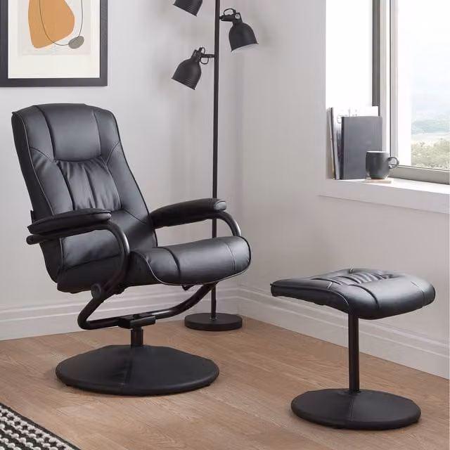 Birlea Memphis Swivel Reclining Chair and Matching Footstool in Black Synthetic Leather