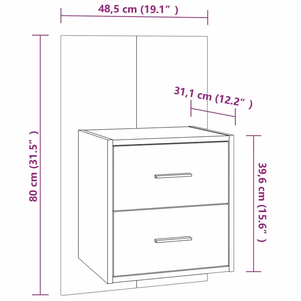 Berkfield Home Set of 2 Wall-mounted Bedside Cabinets in Grey Sonoma, W/D/H: 48.5 x 32.5 x 80 cm – 4