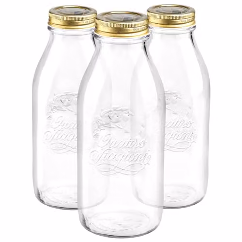 Bormioli Rocco Quattro Stagioni Glass Bottles with Screw Top Lids, Pack of 3, 1 l, Transparent and Gold