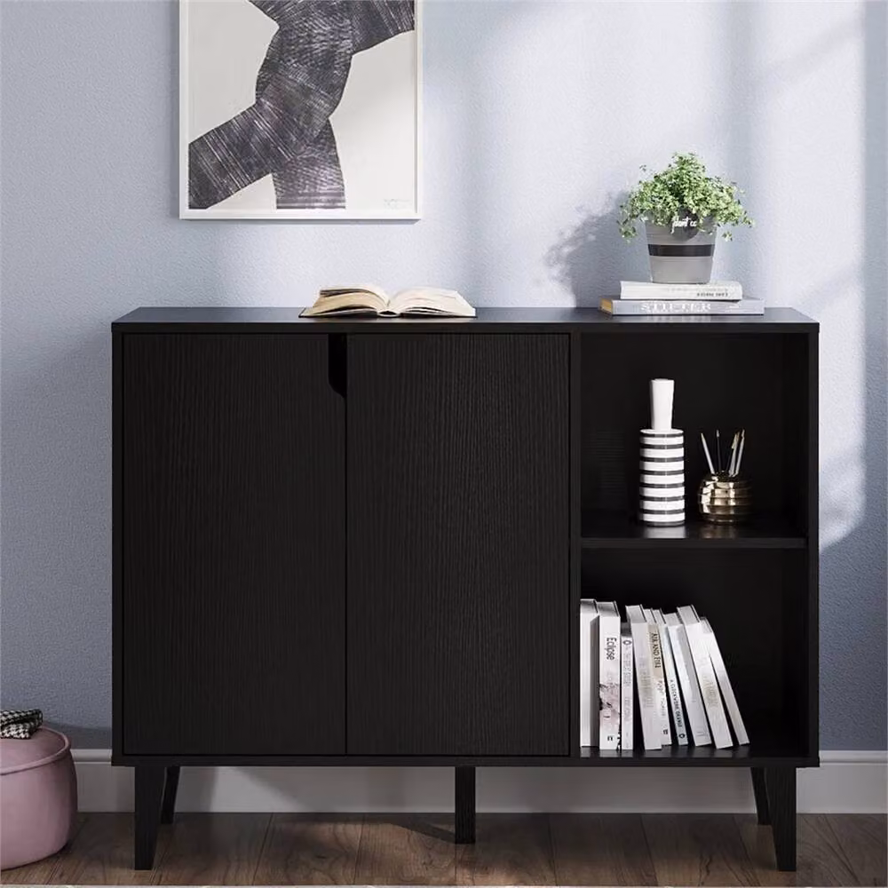 Hinsinc Modern Black Wood 2 Door Display Cabinet and Sideboard Storage Unit – 2