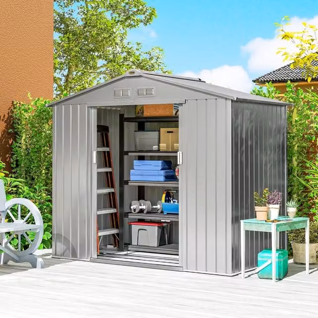 Outsunny Large Galvanised Steel Metal Garden Storage Shed with Sliding Doors and Side Vent in Light Grey