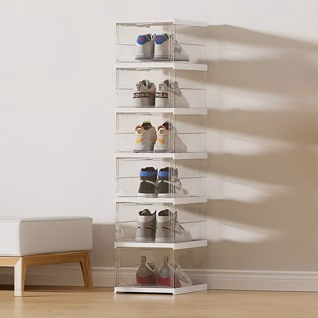 Livingandhome 6-Tier Foldable and Stackable Acrylic Shoe Rack in Transparent and White