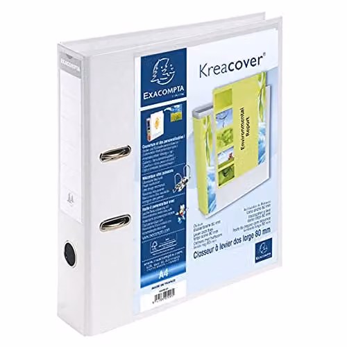 Exacompta Kreacover Collection Prem'Touch White Polypropylene Lever Arch File for A4 Documents with 2 Rings and 70mm Spine – 1