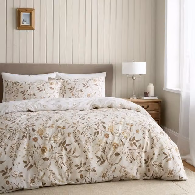 Catherine Lansfield Isadora Floral Reversible Duvet Cover Bedding Set in White and Beige